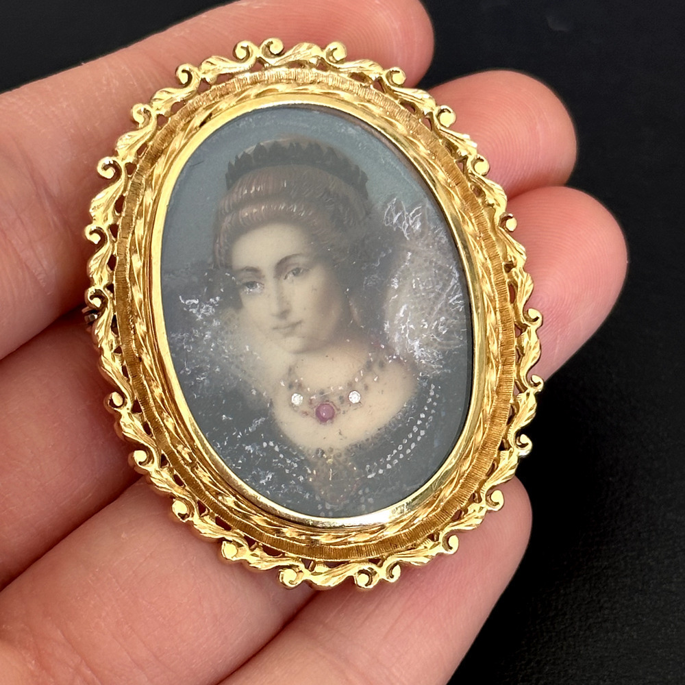 18K 750 Yellow Gold Antique Portrait Floral Scroll Framed Woman Pin Pendant - Picture 9 of 16